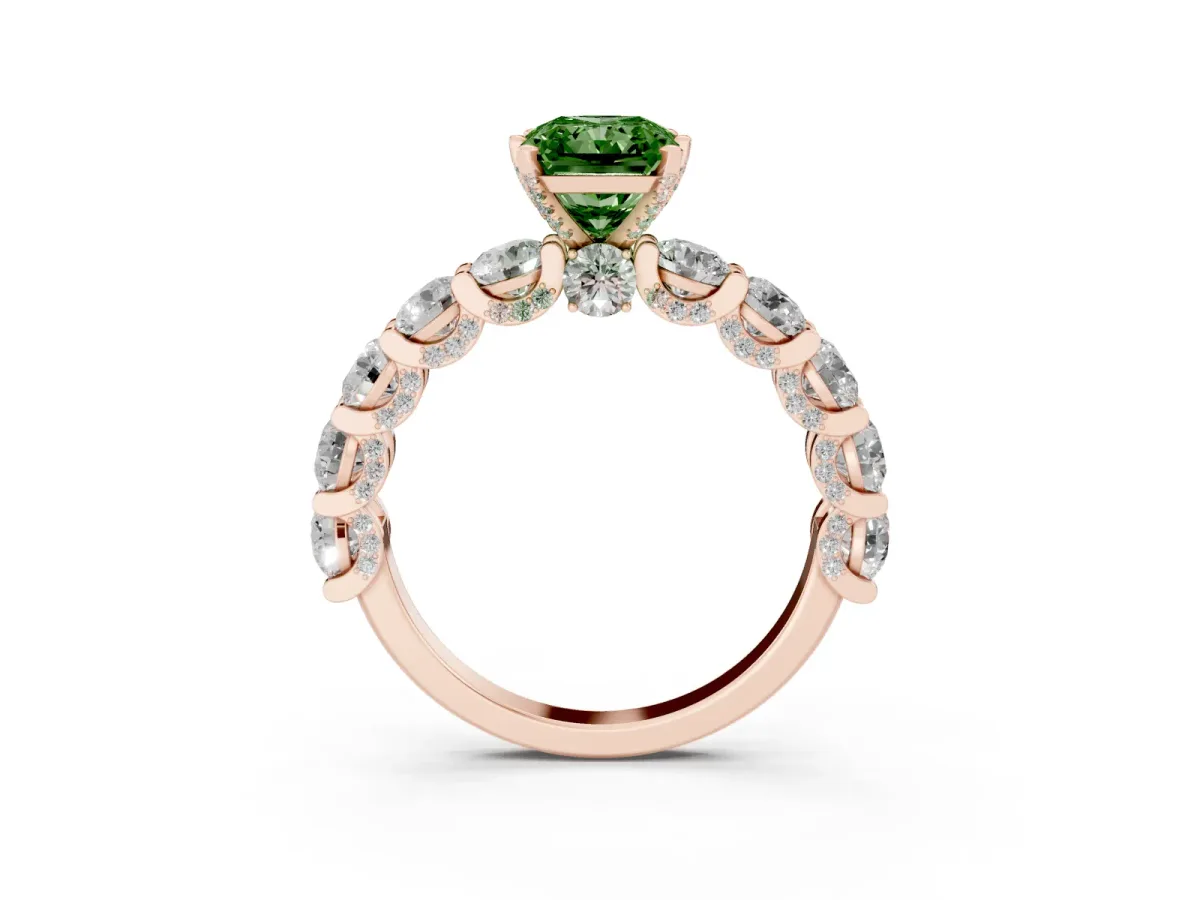 Fancy Green Radiant Cut Diamond Side Stone Engagement Ring with Four-Prong Setting Rose gold