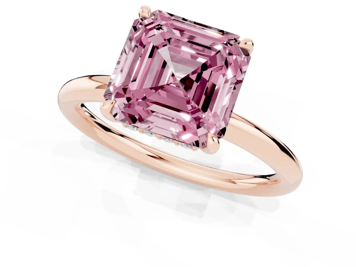 Fancy Pink Asscher Cut Diamond Solitaire Ring with Thin Band and Four-Prong Setting Rose gold