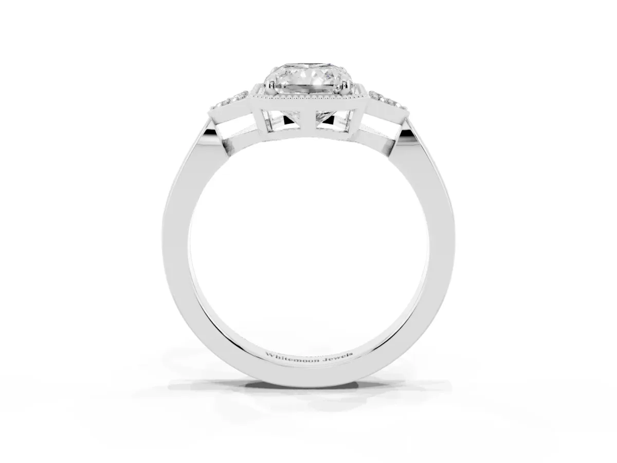 Radiant Cut Diamond Halo Ring with Tapered Band and Four-Prong Setting White gold