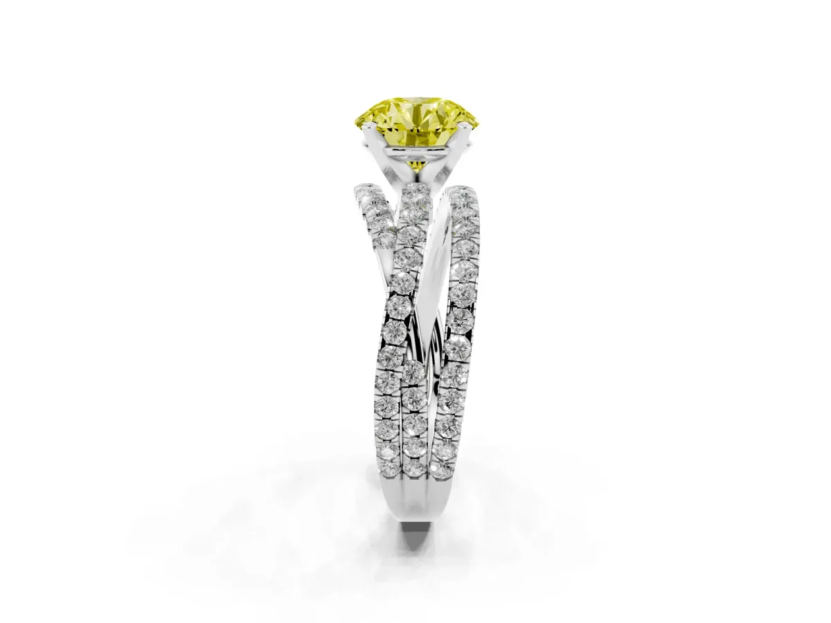 Fancy Yellow Round Cut Solitaire Twist Band with Pavé Setting and Four-Prong Setting Silver