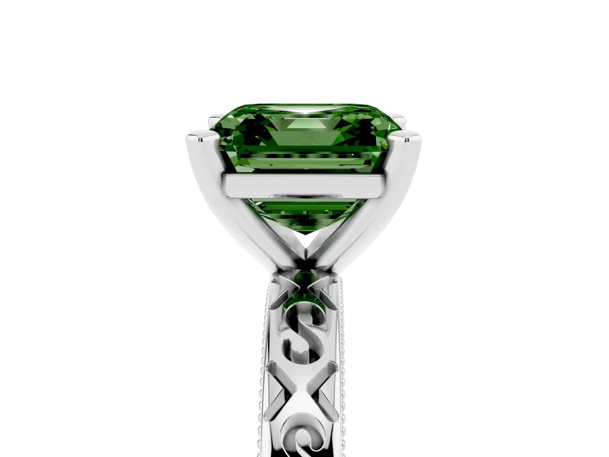 Fancy Green Asscher Cut Solitaire Engagement Ring with Scrollwork Band and Four-Prong Setting Silver