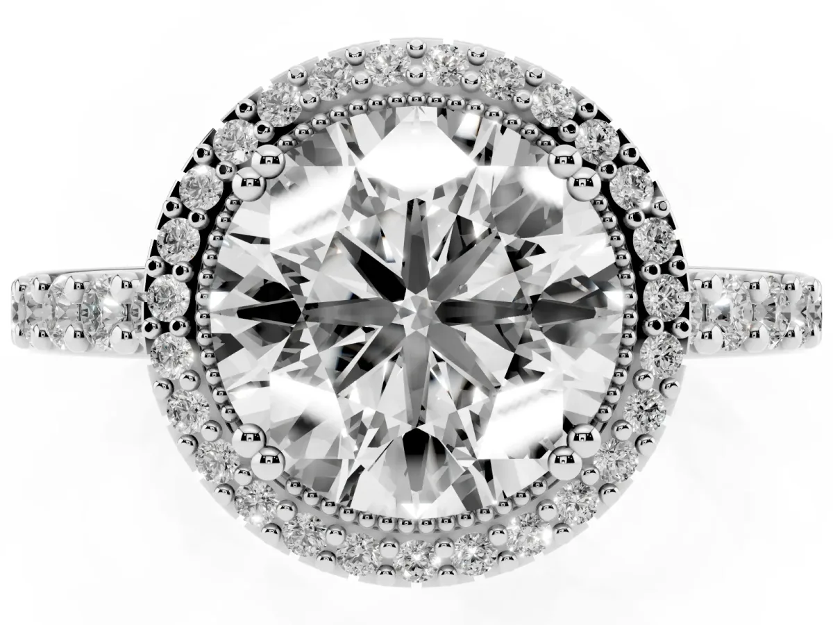 Round Cut Cut Diamond Halo Engagement Ring with Milgrain Detail and Pavé Band Silver