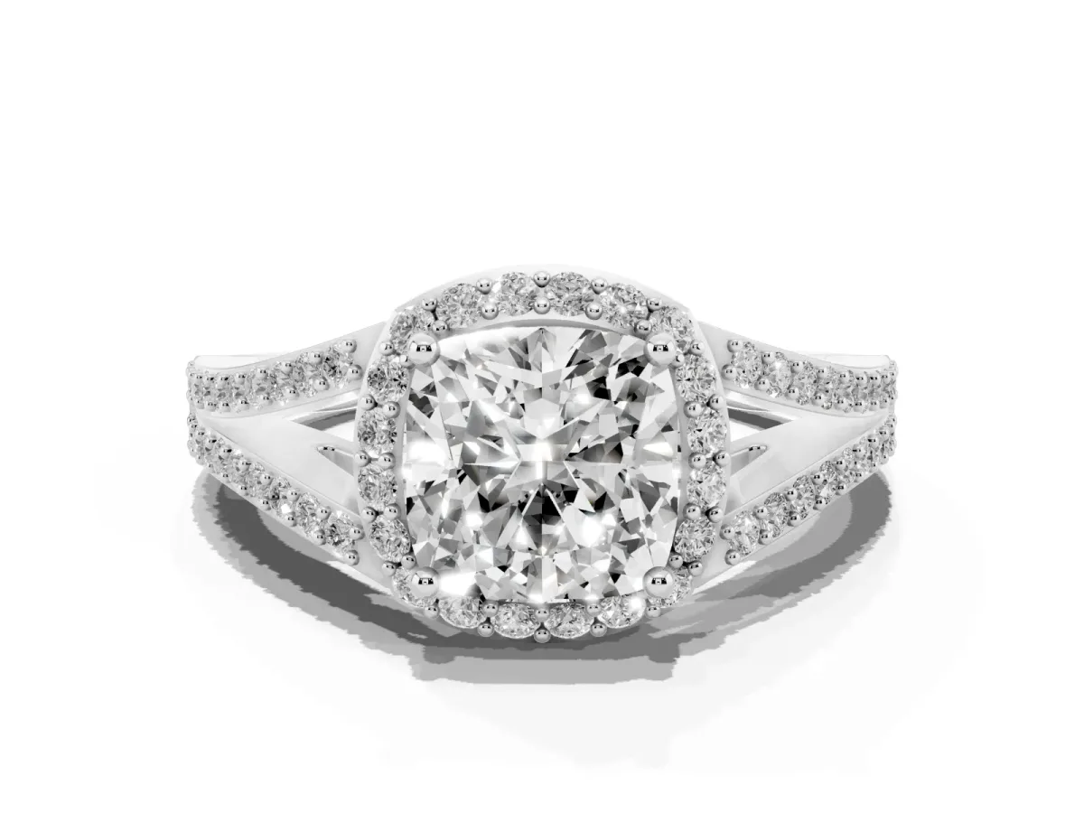 Cushion Cut Halo Split Shank Pave Diamond Ring with Four-Prong Setting Silver
