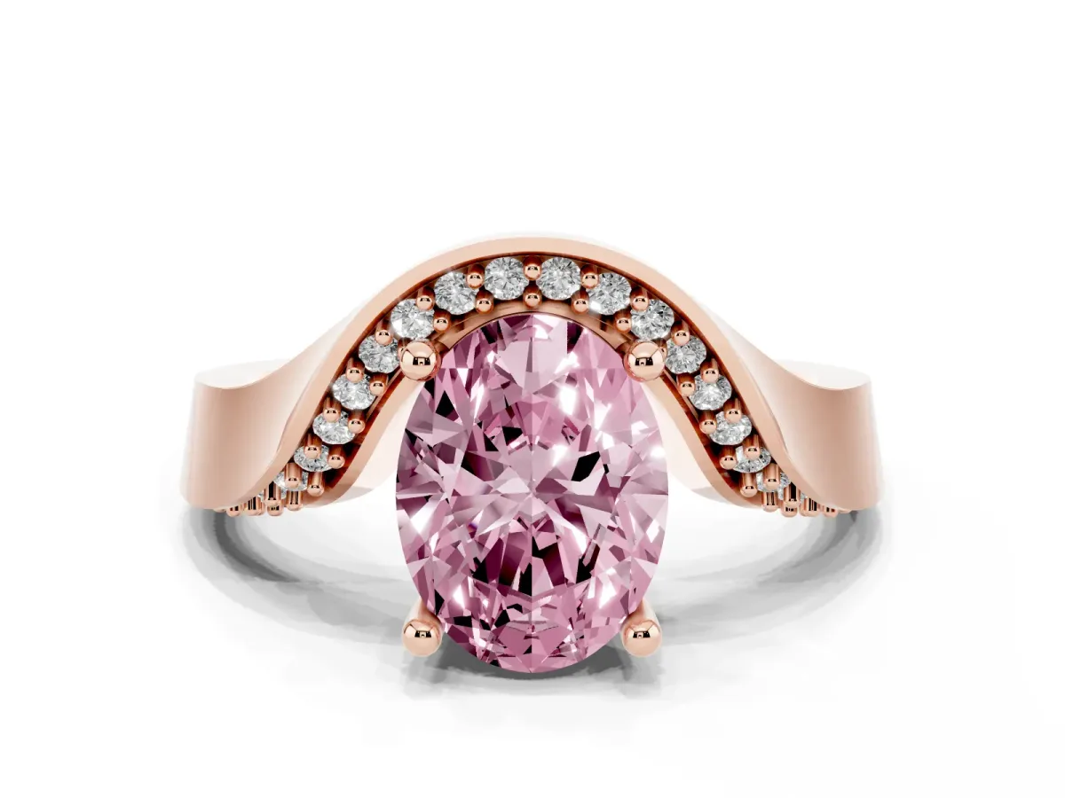 Fancy Pink Oval Cut Solitaire Diamond Engagement Ring with Pave Band and Four-Prong Setting Rose gold