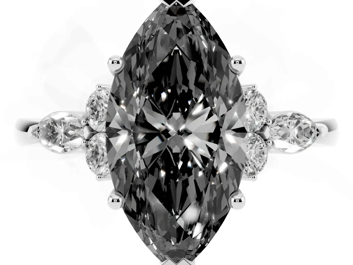 Fancy Black Marquise Cut Brilliant Diamond Solitaire Ring with Pear Side Stones and Four-Prong Setting Silver