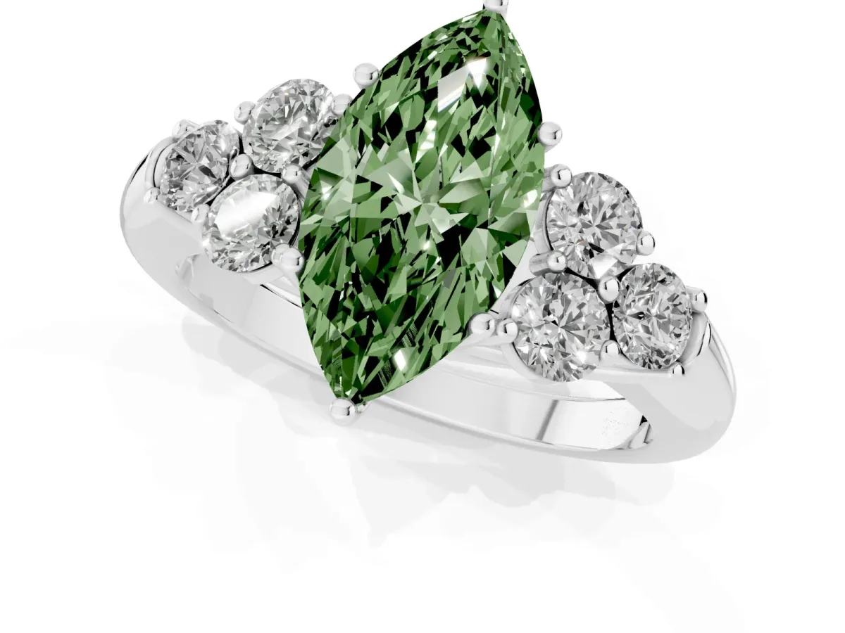 Fancy Green Marquise Cut Cut Diamond Cluster Ring with Round Accent Stones and Prong Setting on a Classic Band White gold