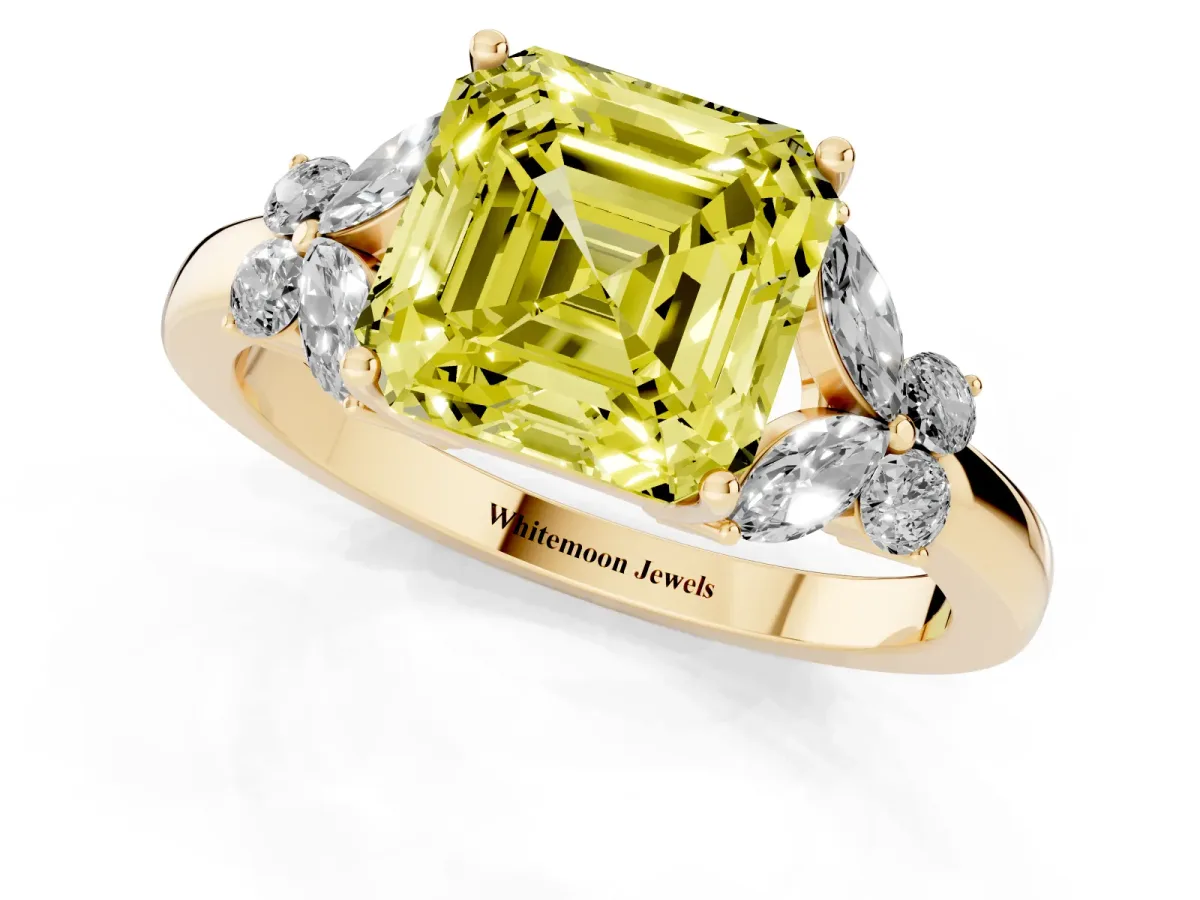 Fancy Yellow Asscher Cut Cut Solitaire Floral Diamond Ring with Four-Prong Setting Yellow gold