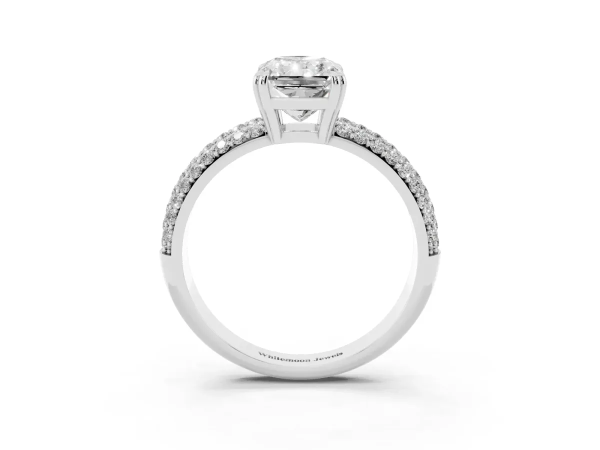 Radiant Cut Diamond Solitaire Ring with Multi-Row Round Pavé Band and Prong Setting Silver