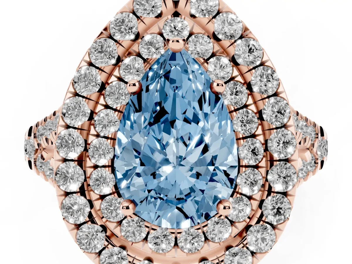 Fancy Blue Double Halo Pear Cut Diamond Pavé Split Shank Ring with Prong Setting Rose gold