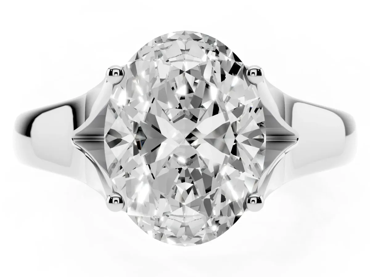 Oval Cut Solitaire Diamond Ring with Cathedral Band and Four-Prong Setting Silver