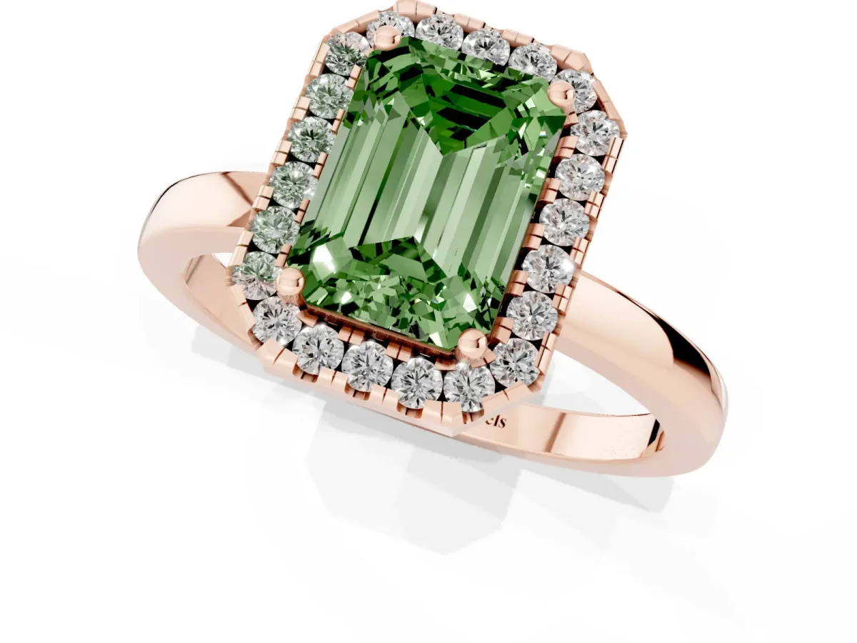 Fancy Green Emerald Cut Halo Diamond Solitaire with Pavé Band and Four-Prong Setting Rose gold
