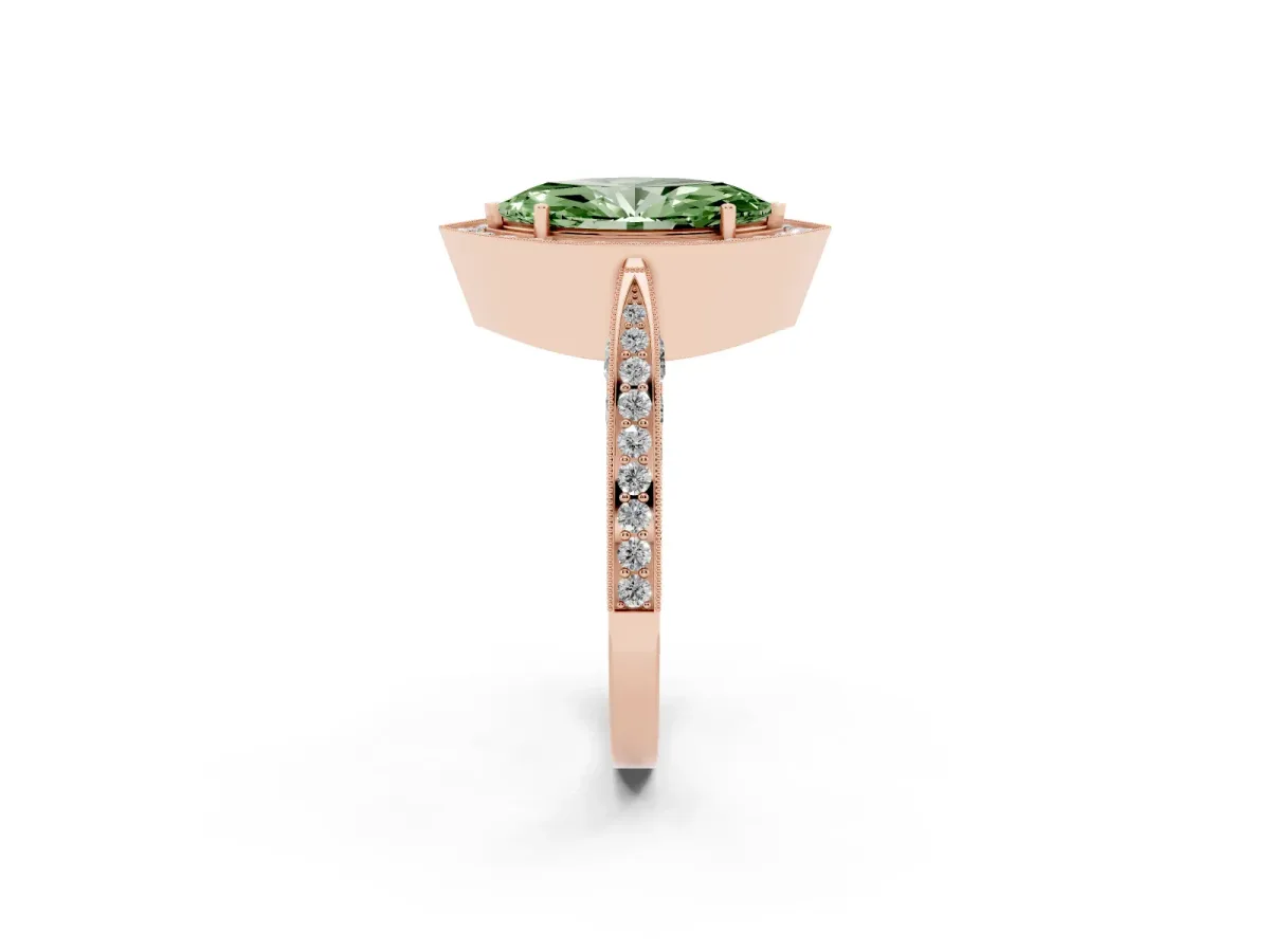 Fancy Green Marquise Cut Halo Diamond Engagement Ring with Split Shank Band and Four-Prong Setting Rose gold