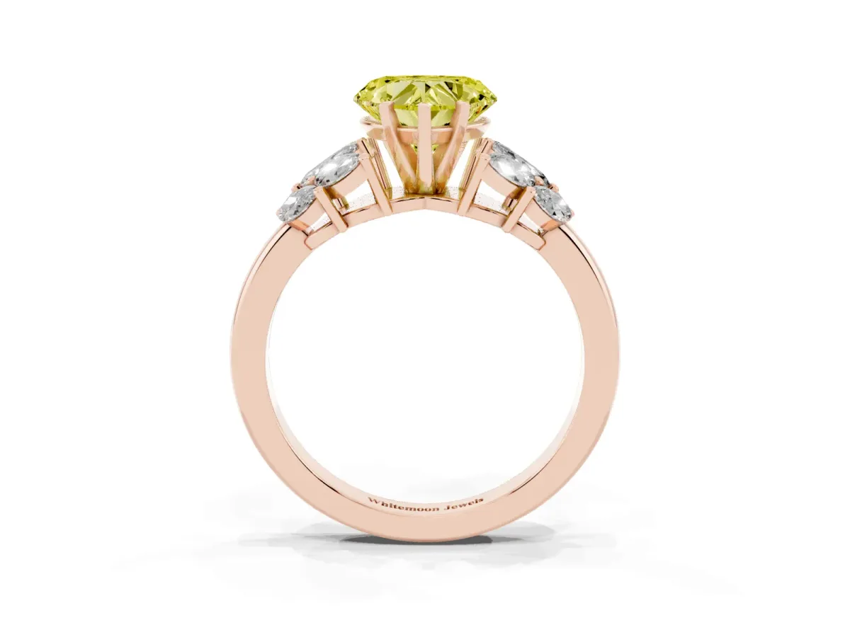 Fancy Yellow Heart Cut Diamond Cluster Leaf Design Ring with Prong Setting Rose gold