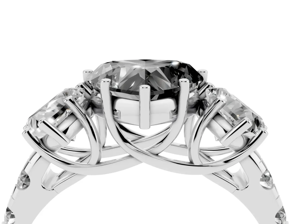 Fancy Black Three-Stone Heart Cut Diamond Pavé Band with Prong Setting Silver