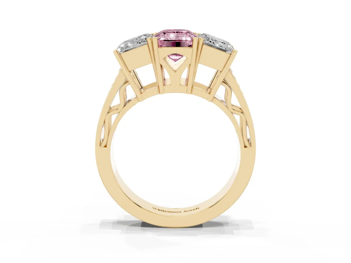 Fancy Pink Emerald Cut Diamond Three-Stone Ring with Prong Setting and Textured Band Yellow gold