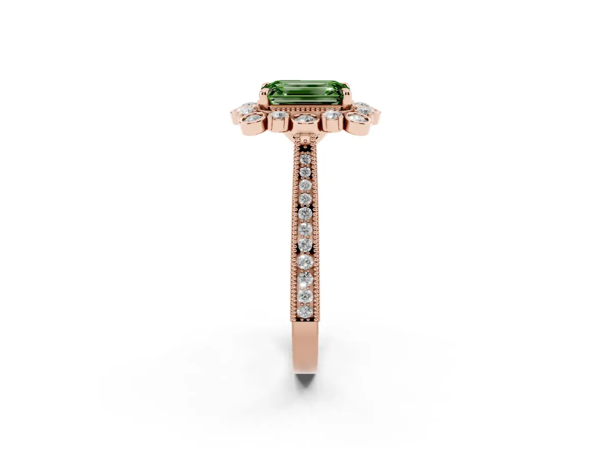 Fancy Green Emerald Cut Halo Milgrain Pave Diamond Ring with Four-Prong Setting Rose gold