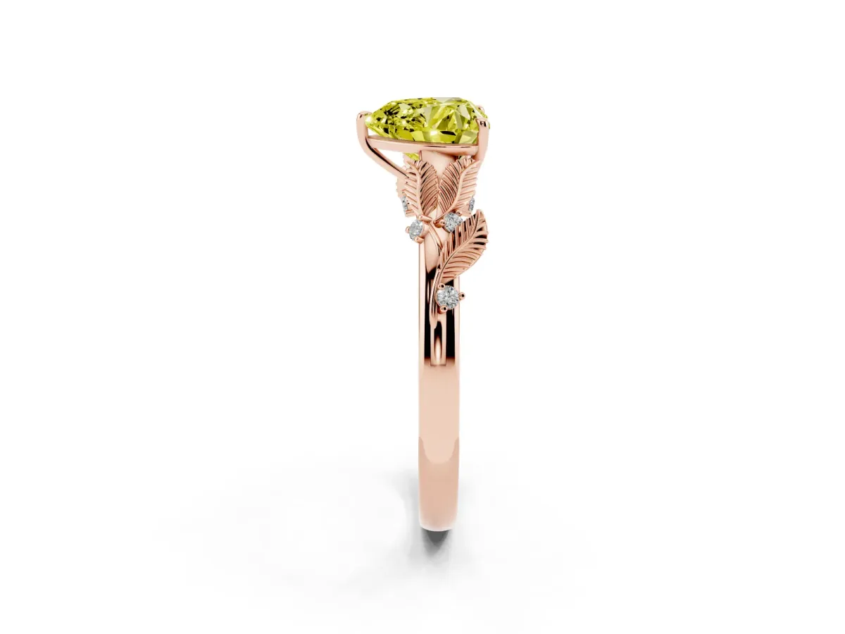 Fancy Yellow Heart Cut Diamond Solitaire Ring with Leaf Motif Band and Four-Prong Setting Rose gold