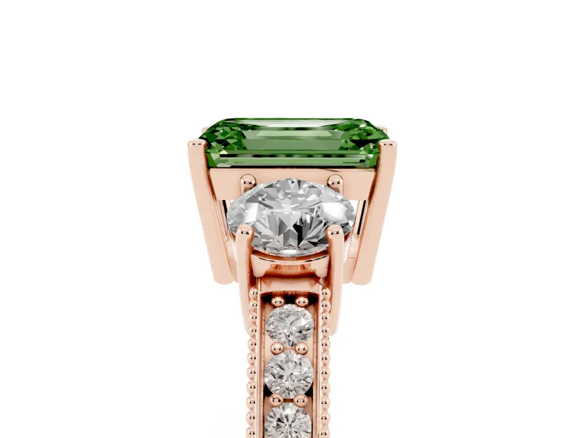 Fancy Green Emerald Cut Three-Stone Diamond Ring with Pavé Band and Four-Prong Setting Rose gold