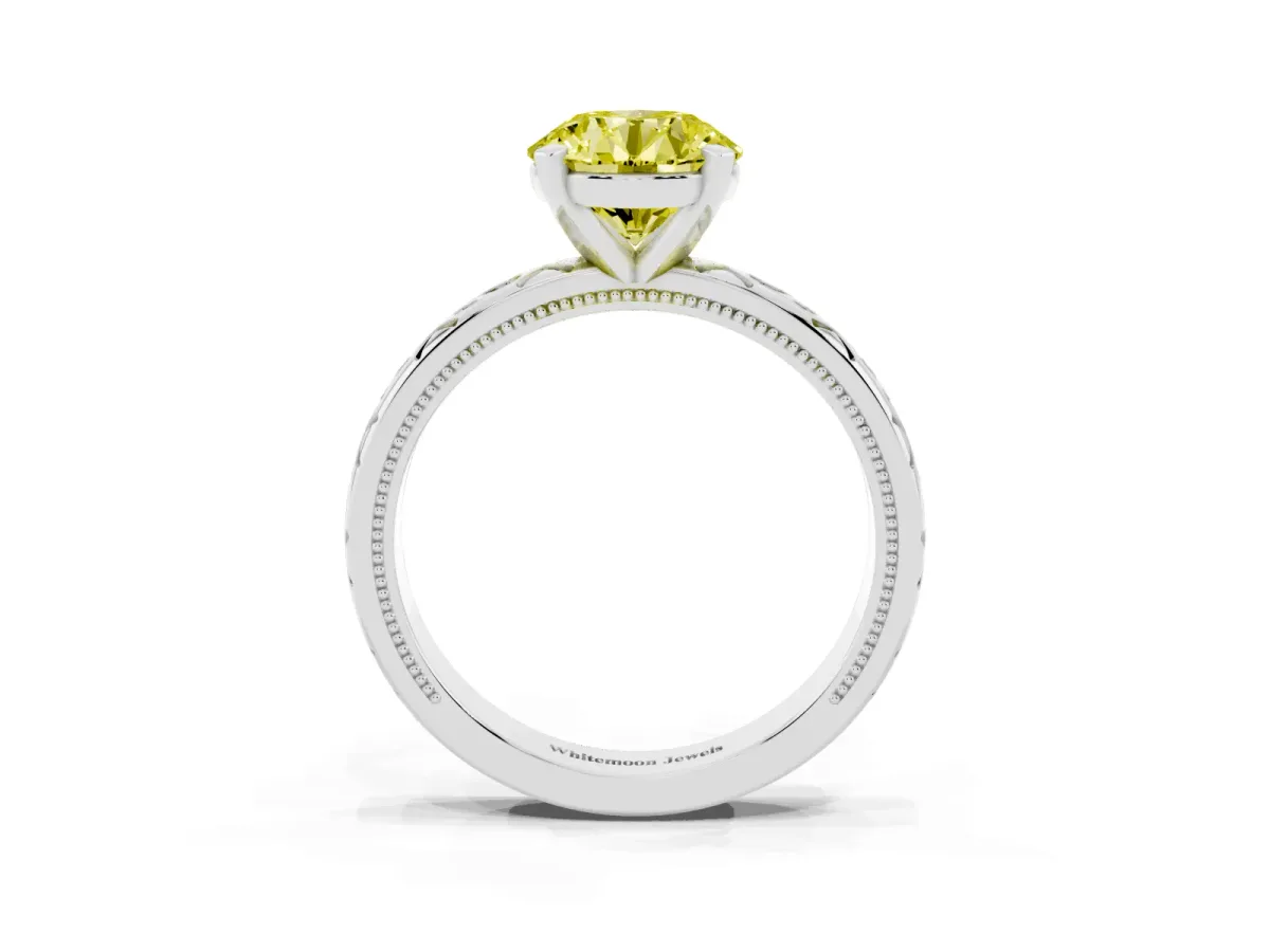 Fancy Yellow Round Cut Solitaire Engagement Ring with Scrollwork Band and Four-Prong Setting Silver