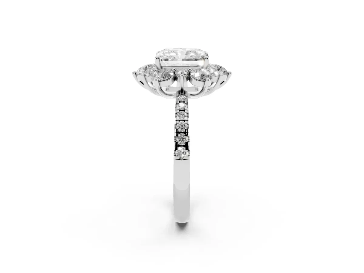 Radiant Cut Diamond Floral Halo Ring with Round Pavé Band and Prong Setting White gold