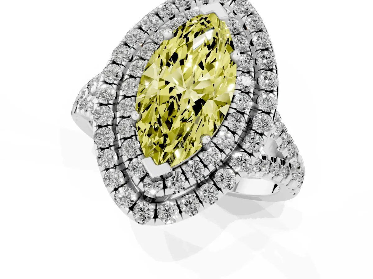 Fancy Yellow Double Halo Marquise Cut Diamond Pavé Split Shank Ring with Prong Setting Silver