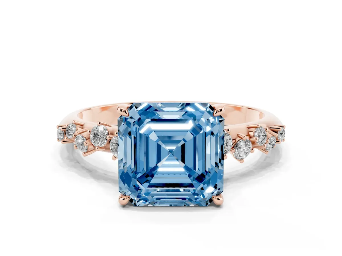Fancy Blue Asscher Cut Diamond Cluster Side Stone Solitaire Ring with Prong Setting Rose gold