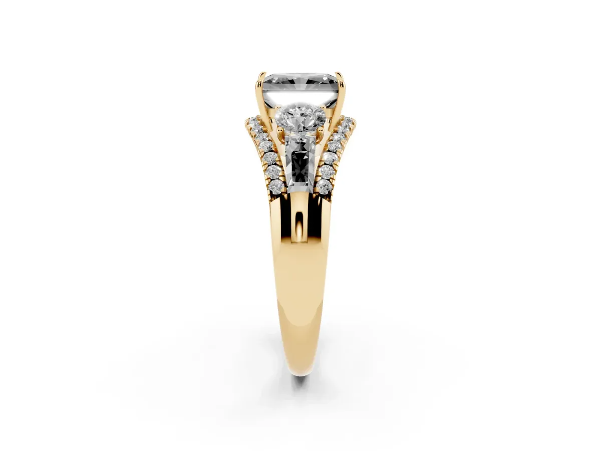 Fancy Black Three-Stone Radiant Cut Diamond Engagement Ring with Pave Band and Prong Setting Yellow gold