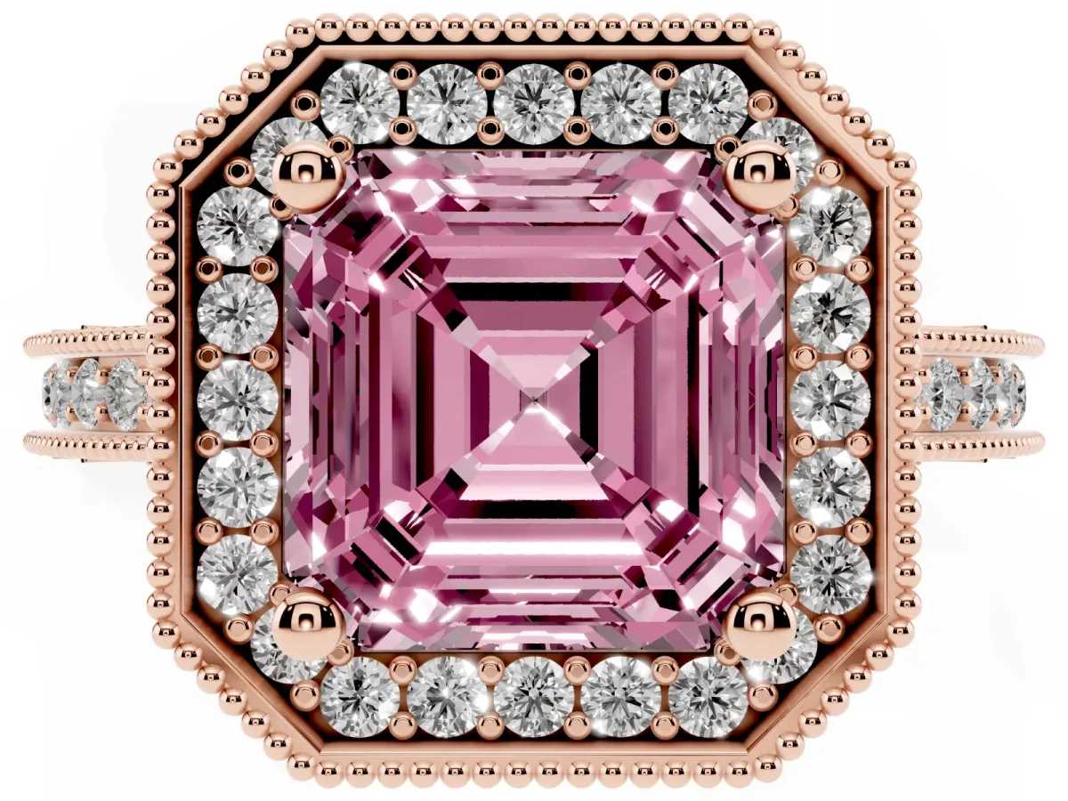 Fancy Pink Asscher Cut Diamond Milgrain Halo Engagement Ring with Round Pavé Band and Prong Setting Rose gold
