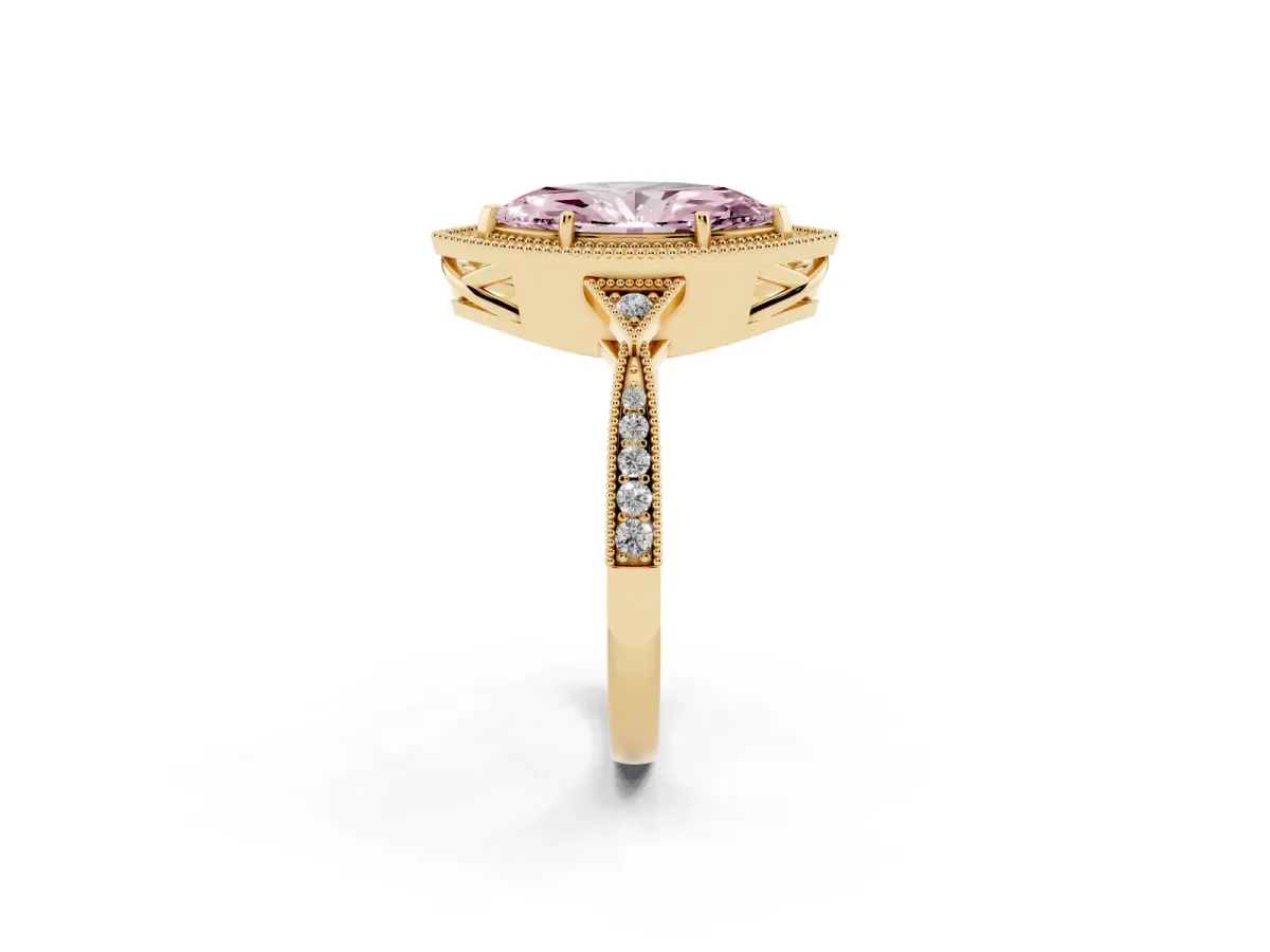 Fancy Pink Marquise Cut Halo Round Diamond Milgrain Pave Engagement Ring Yellow gold