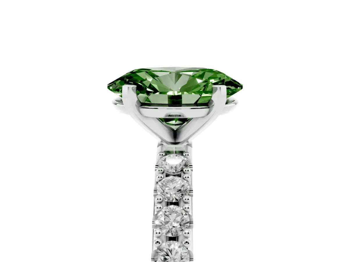 Fancy Green Oval Cut Diamond Solitaire Pavé Band with Four-Prong Setting Silver