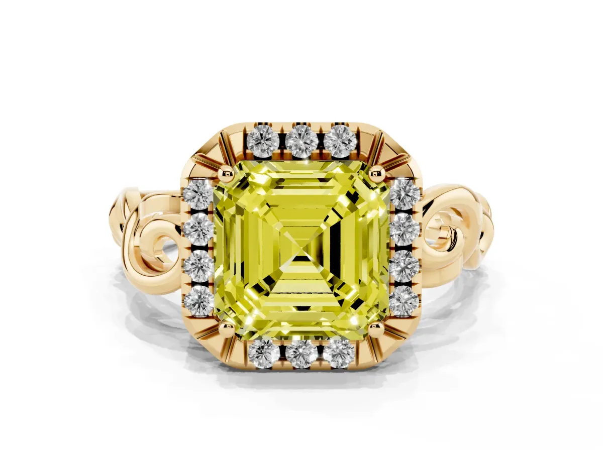 Fancy Yellow Asscher Cut Cut Halo Diamond Ring with Scrollwork Band and Four-Prong Setting Yellow gold