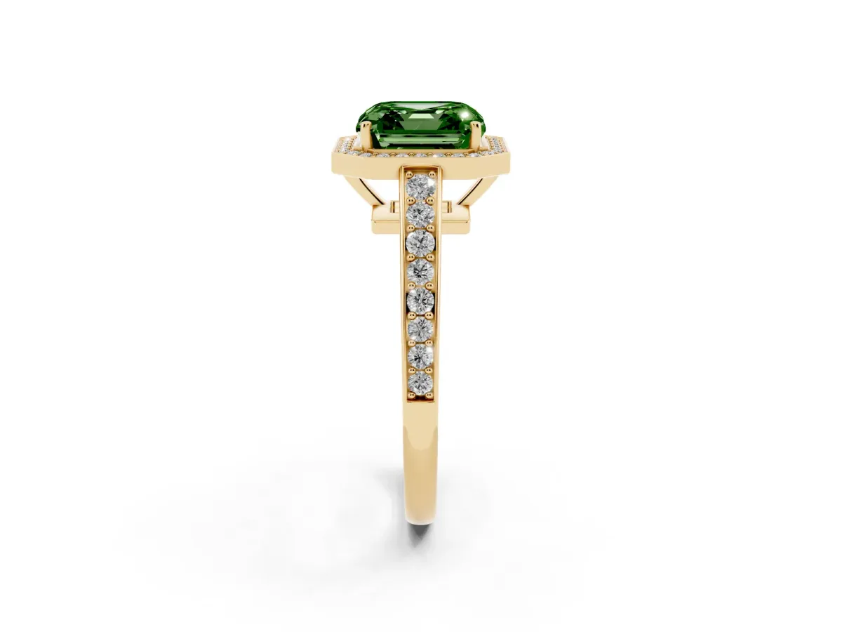 Fancy Green Asscher Cut Halo Pavé Diamond Engagement Ring with Bezel Setting Yellow gold