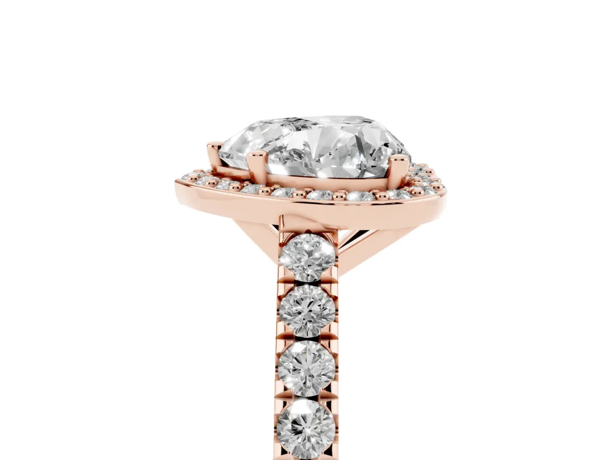 Heart Cut Cut Halo Diamond Engagement Ring with Pave Band and Four-Prong Setting Rose gold
