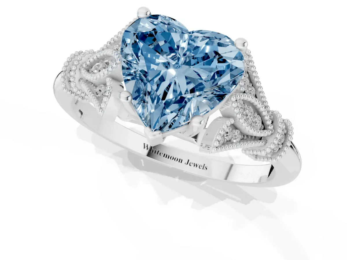 Fancy Blue Heart Cut Diamond Solitaire Ring with Floral Filigree and Pave Accents Silver