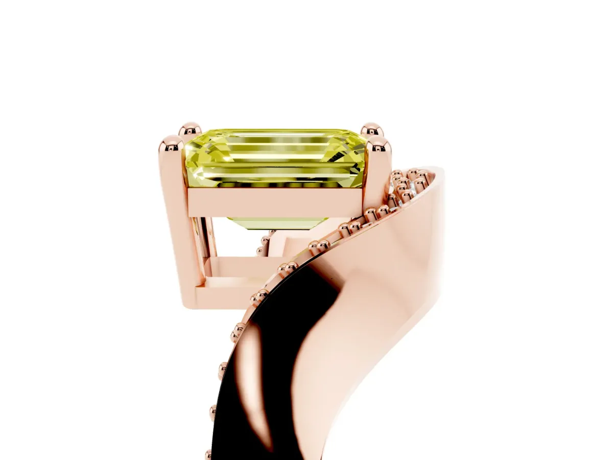 Fancy Yellow Emerald Cut Solitaire Diamond Engagement Ring with Pave Band and Four-Prong Setting Rose gold