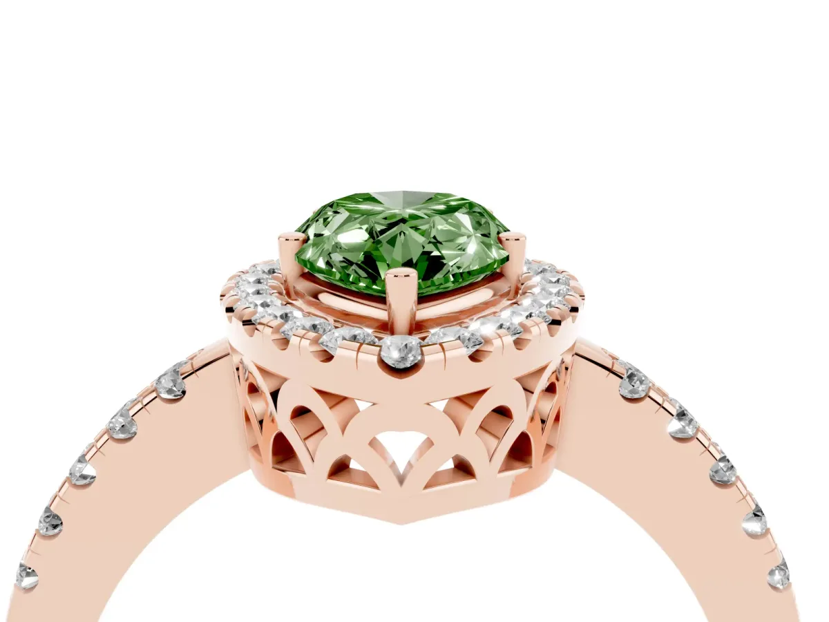 Fancy Green Pear Cut Halo Diamond Engagement Ring with Pavé Band and Four-Prong Setting Rose gold