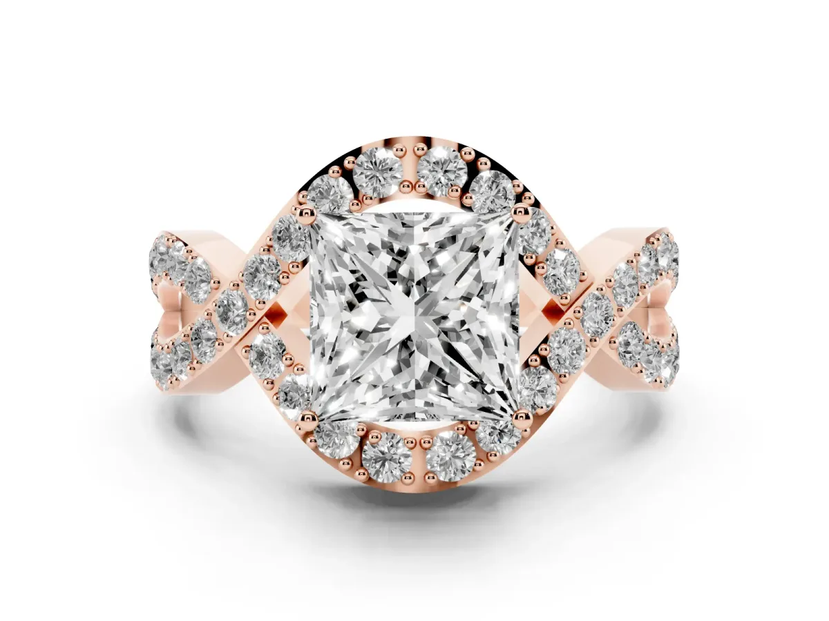 Princess Cut Solitaire Twist Band Pavé Diamond Engagement Ring Rose gold