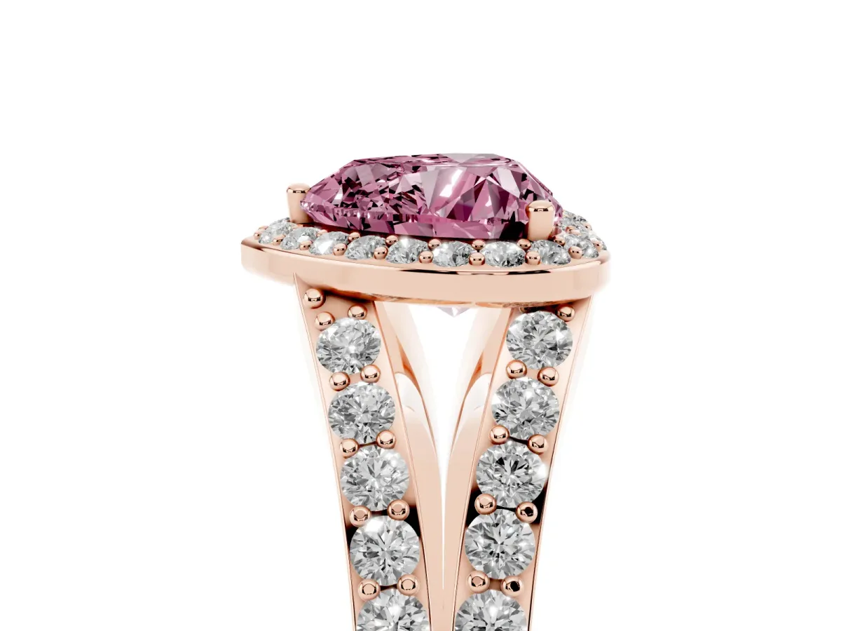 Fancy Pink Heart Cut Diamond Split Shank Halo Ring with Four-Prong Setting Rose gold