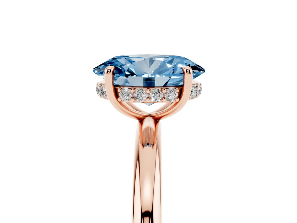 Fancy Blue Oval Cut Diamond Solitaire Ring with Thin Band and Four-Prong Setting Rose gold
