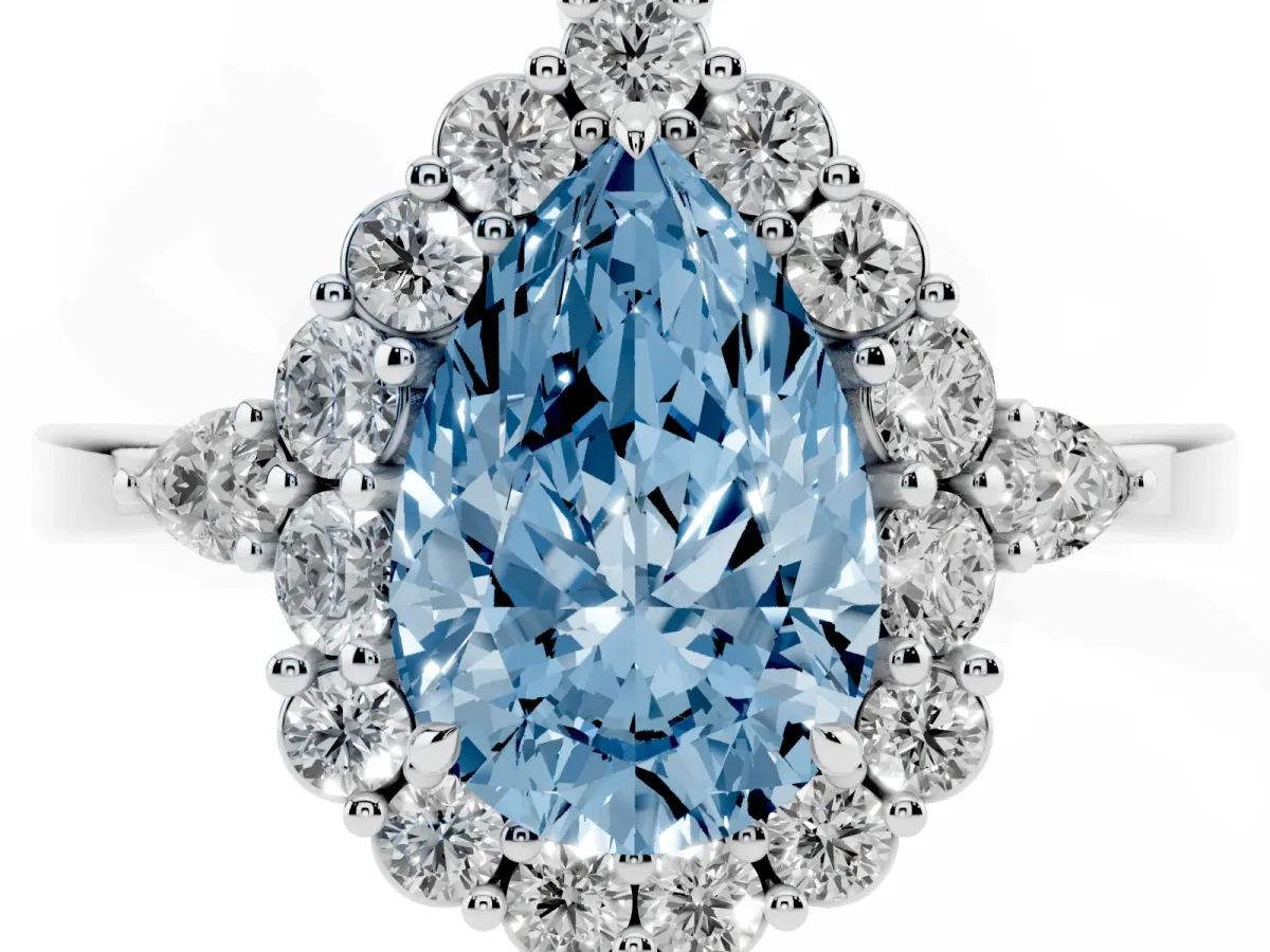 Fancy Blue Pear Cut Diamond Halo Ring with Pear Side Stones and Prong Setting Silver