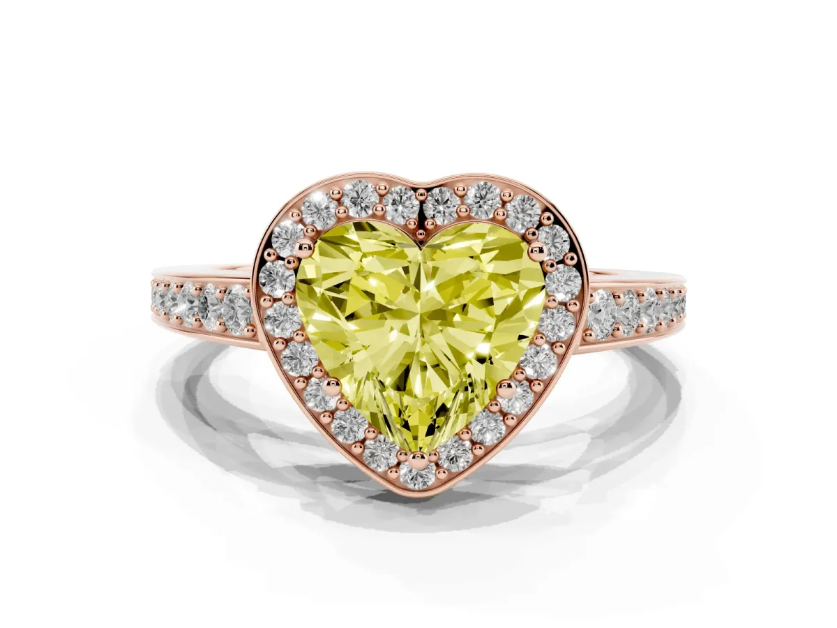 Fancy Yellow Heart Cut Halo Pavé Diamond Engagement Ring with Bezel Setting Rose gold