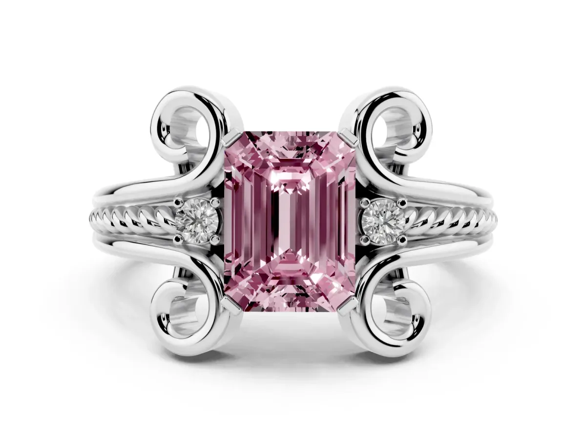 Fancy Pink Emerald Cut Solitaire Twisted Band Scroll Prong Ring Silver