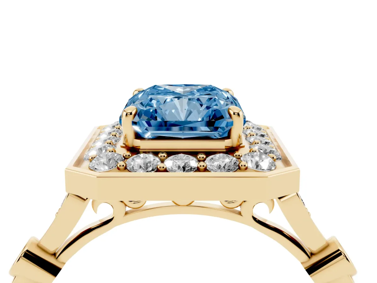 Fancy Blue Radiant Cut Halo Diamond Engagement Ring with Twisted Band and Four-Prong Setting Yellow gold