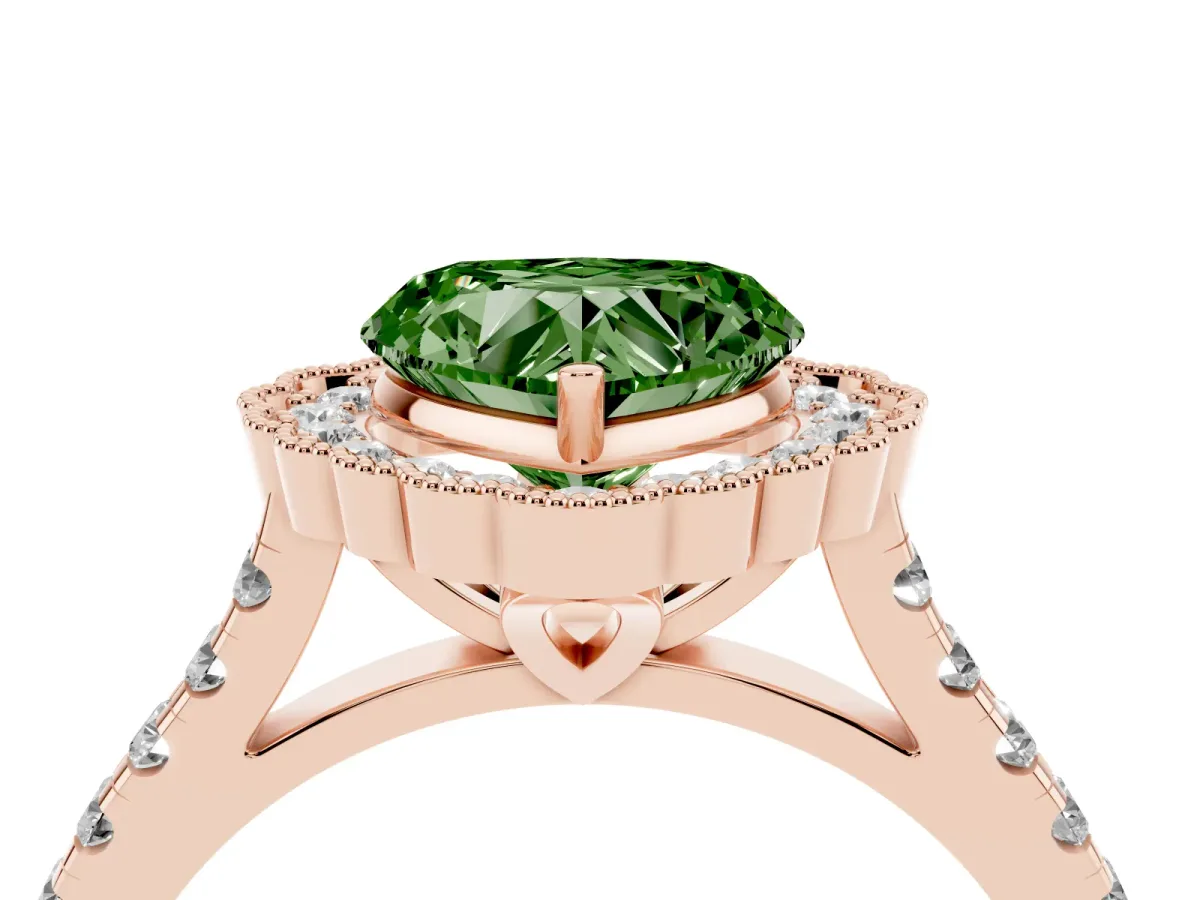 Fancy Green Heart Cut Cut Diamond Milgrain Floral Halo Engagement Ring with Pavé Band Rose gold
