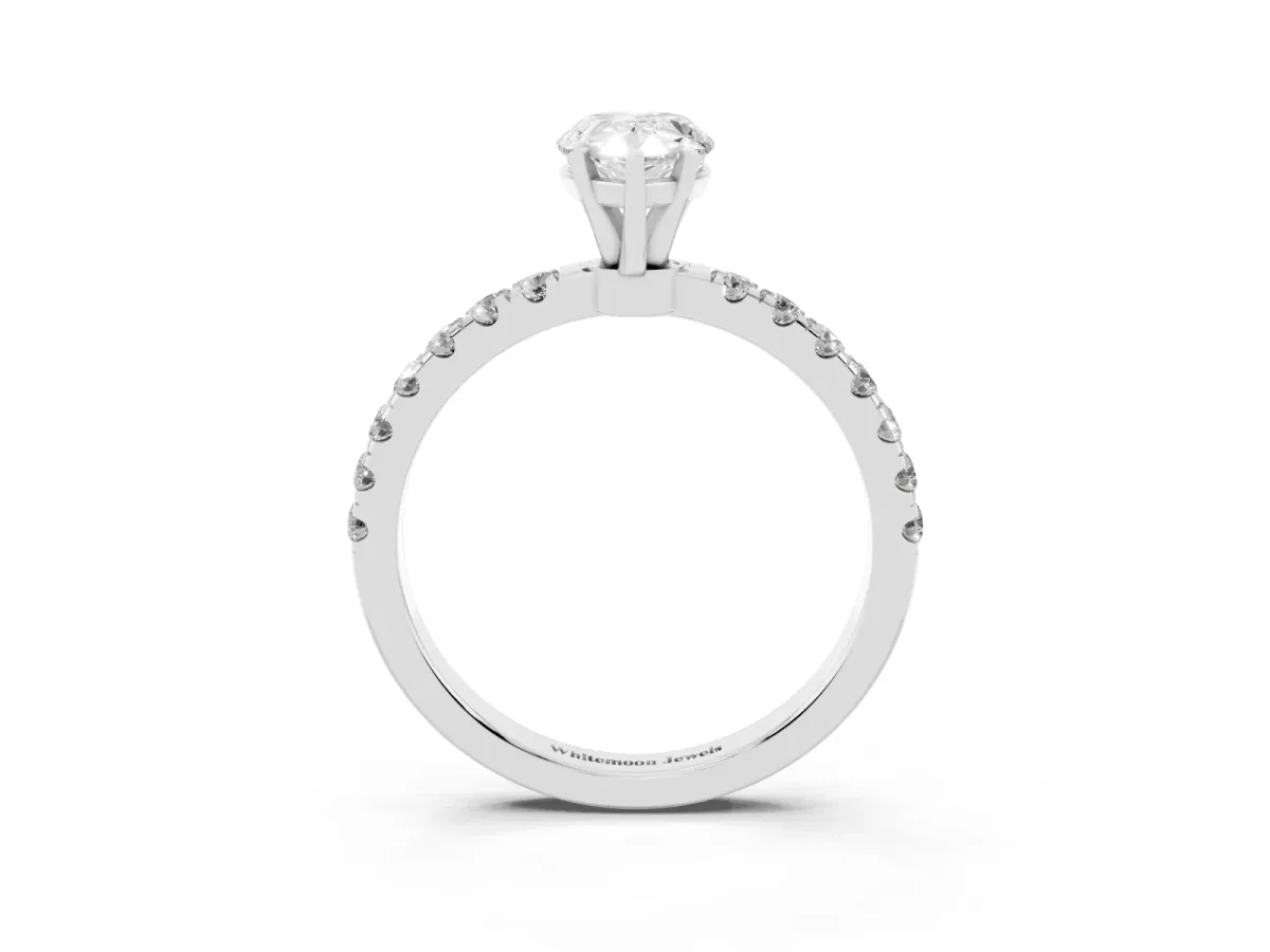Pear Cut Diamond Solitaire Ring with Pavé Accents and Four-Prong Setting Silver