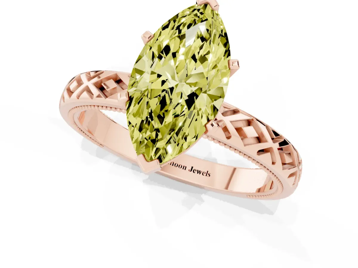 Fancy Yellow Marquise Cut Solitaire Diamond Ring with Milgrain and Black Enamel X Pattern Band Rose gold