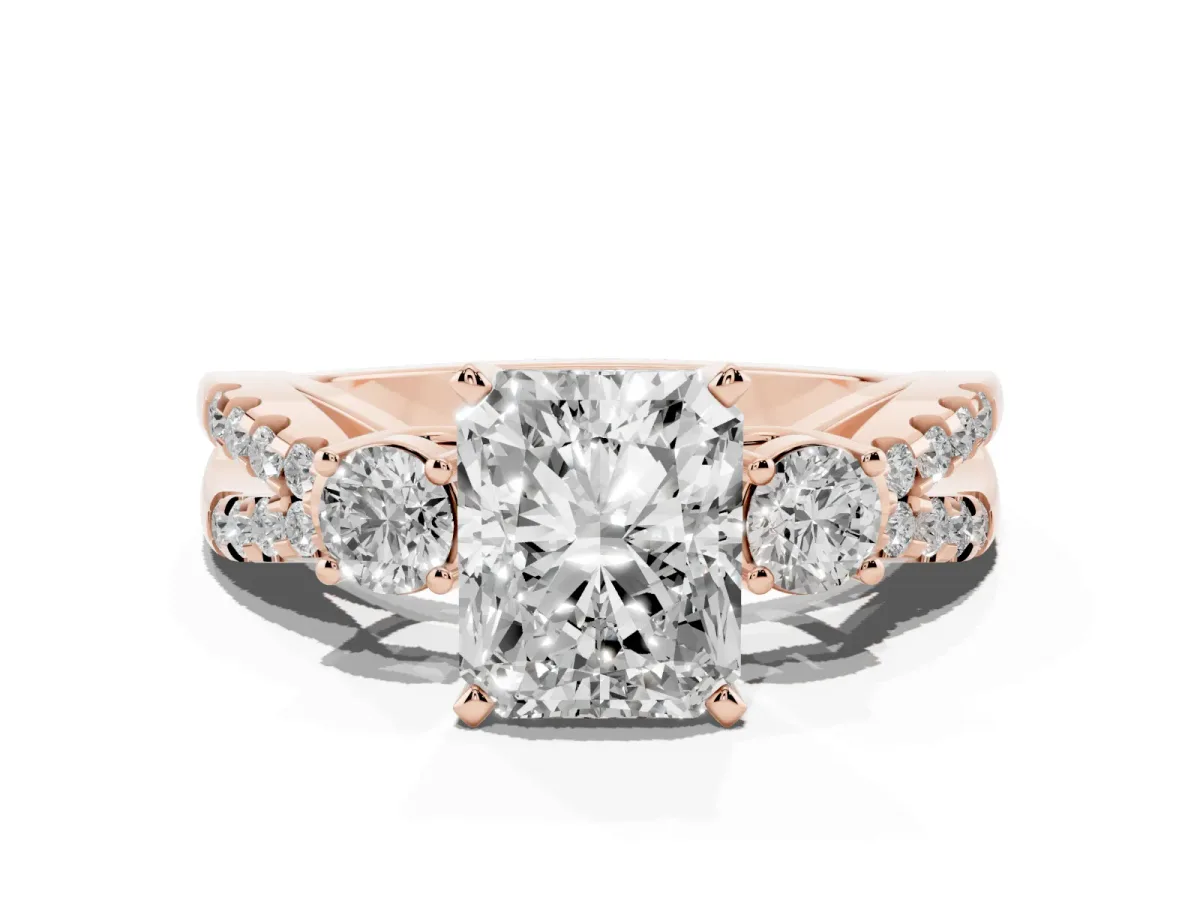 Radiant Cut Diamond Three-Stone Ring with Pavé Split Shank and Four-Prong Setting Rose gold