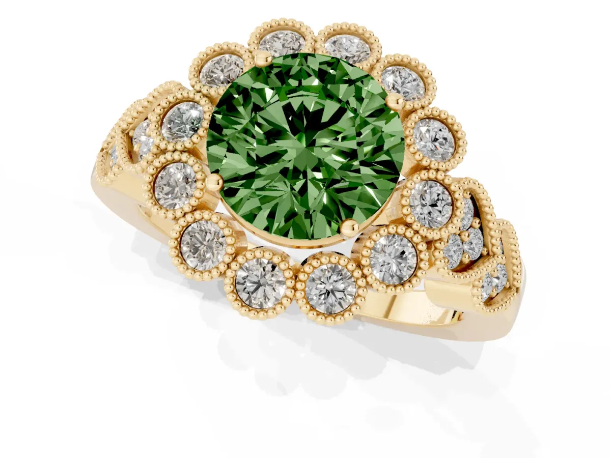 Fancy Green Round Cut Brilliant Milgrain Pave Heart Band Solitaire Ring Yellow gold