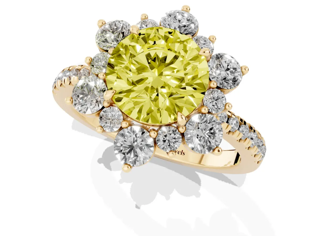 Fancy Yellow Round Cut Diamond Floral Halo Ring with Round Pavé Band and Prong Setting Yellow gold