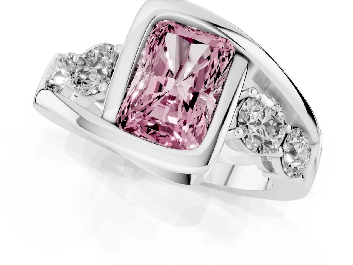 Fancy Pink Bezel Set Radiant Cut Diamond Bypass Ring with Round Accents Silver